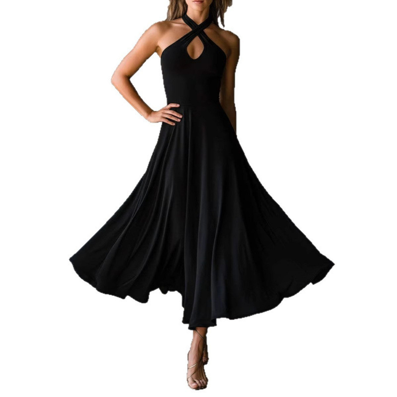 Women's Clothing Women's Retro Elegant Black Long Dress Keyhole Backless Halter Neck A Line For Formal & Casual For Women_ecoleips.com