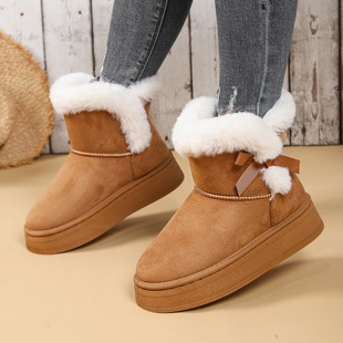 Plush Thickeneded Snow Boots, 2025 Winter New Thick-Soled Furry Bow-Knot Warm Large Size Cotton Shoes