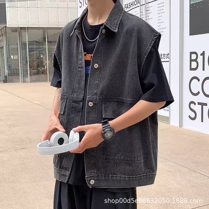 Spring and Autumn New Style Vest Jacket Bf Style Trendy Workwear Denim Vest Men's Loose Sleeveless Vest Jacket