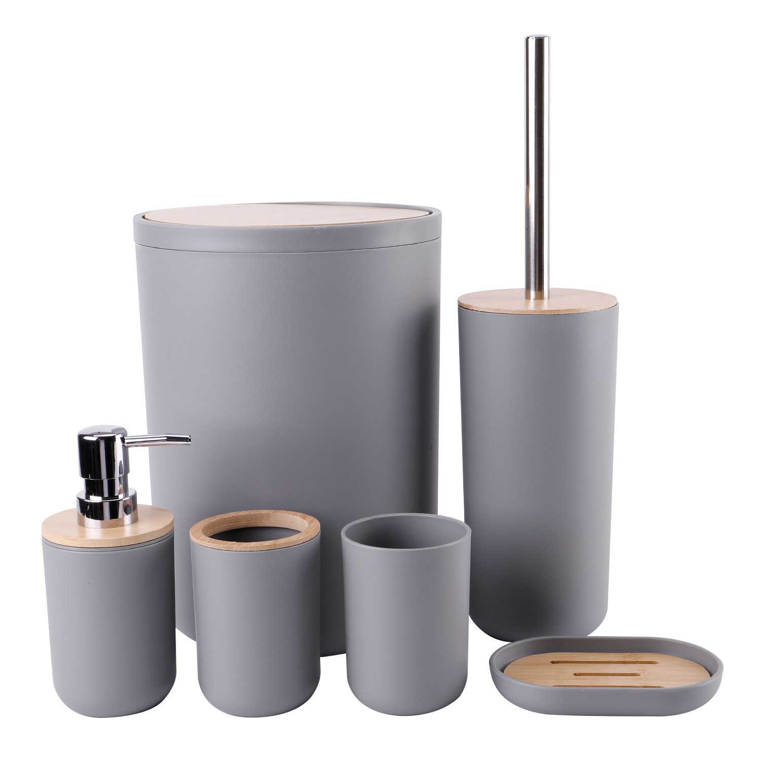 Cubierta de bambú de lavado de baño de plástico de seis piezas de la fábrica al por mayor de almacenamiento de baño estante titular de cepillo de dientes de basura puede