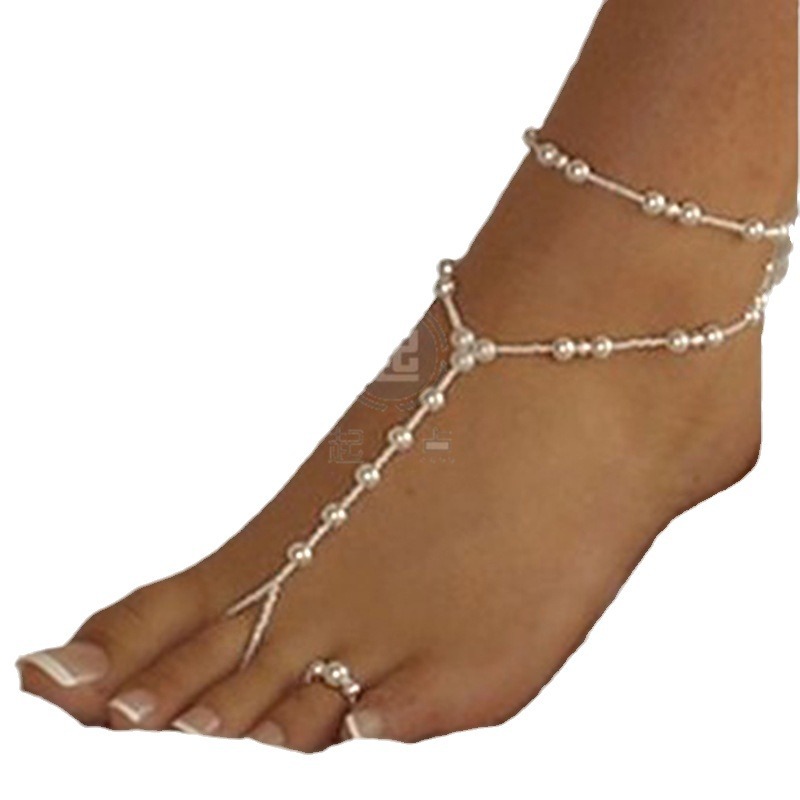 亚马逊欧美时尚女串珠脚链夏季光脚不穿鞋沙滩珍珠脚链双层带脚戒