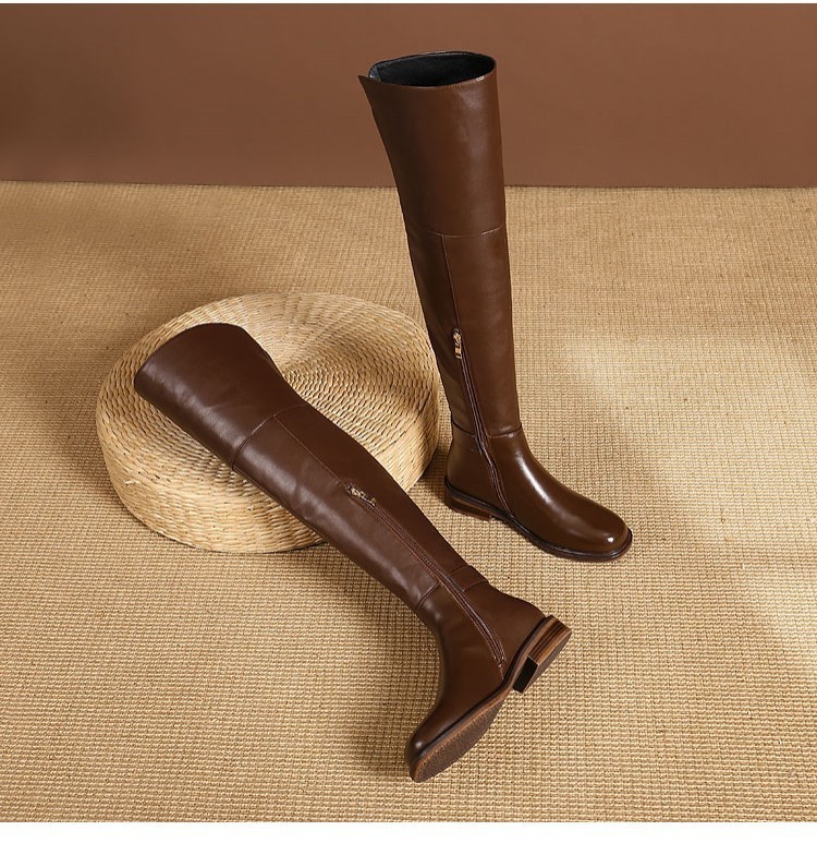 22 New Slim Leg Over Knee Long for Women Low Heel Flat Bottom Black High Barrel Autumn/Winter Single with Velvet Knight_voghion.com