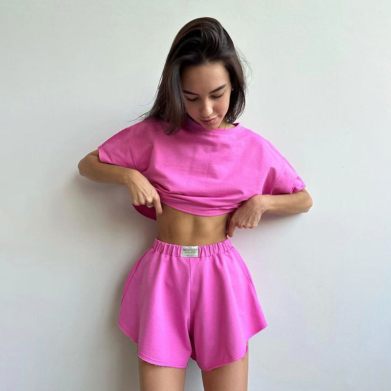 European and American Foreign Trade Cross-Border Jogging Sports Style Suit Short-Sleeved T-Shirt Wide-Leg Pants Shorts Fashion Casual Two-Piece Set