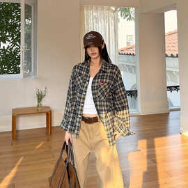 美式撞色格子长袖衬衫女2025新款春秋季宽松情侣衬衣外套休闲百搭