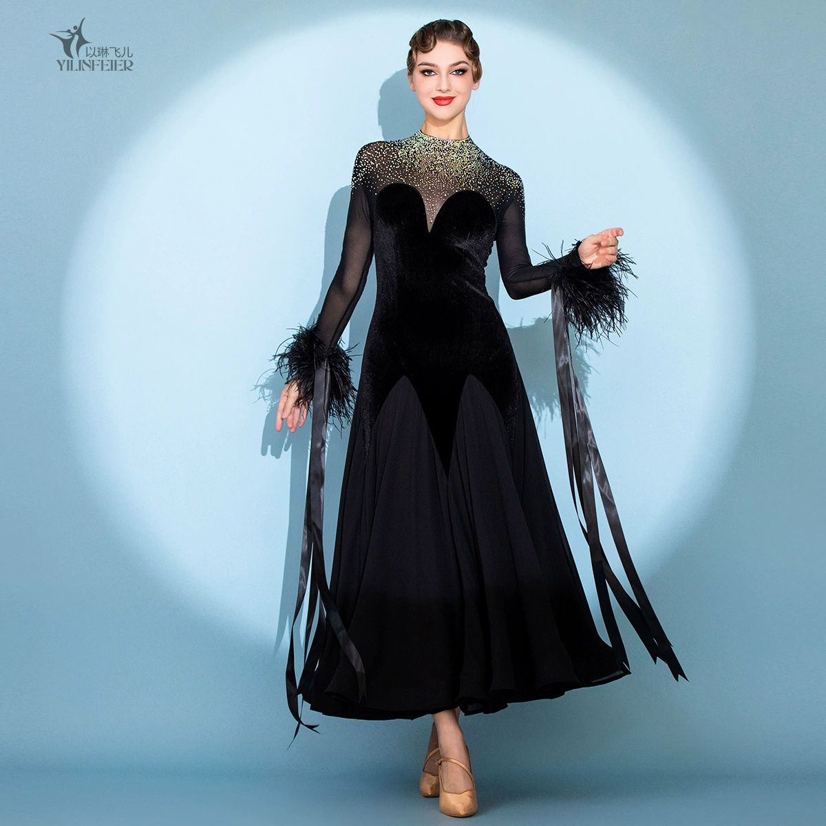 Королева черного! Современное танцевальное платье Dress Down с перьями S7106, национальный стандарт, вальс, бальное платье с кристаллами