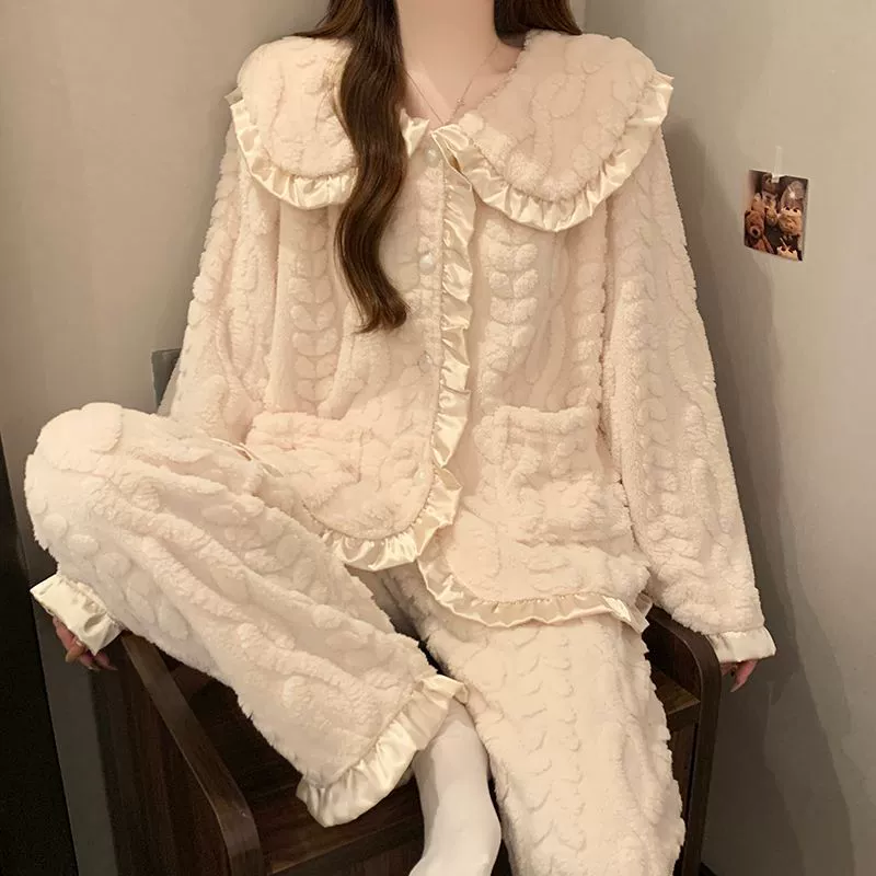 Зимняя новая пижама женский плюшевый толстый мультяшный кардиган лацканный повседневный может носить теплый набор домашней одежды на улице