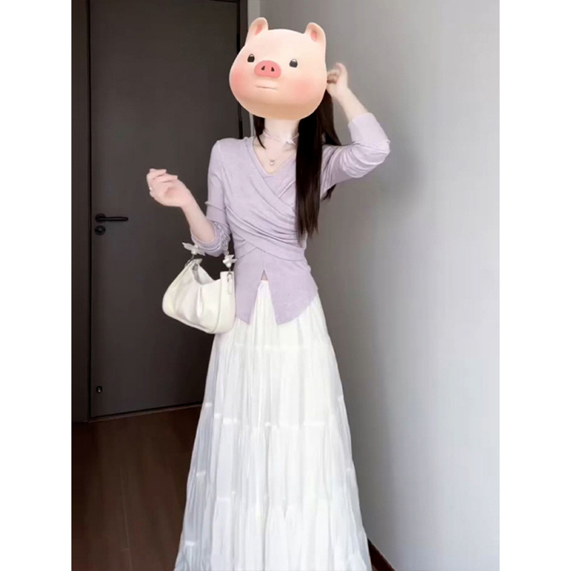 法式紫色长袖连衣裙子女早秋季2025新款小个子巨好看气质长裙套装|undefined