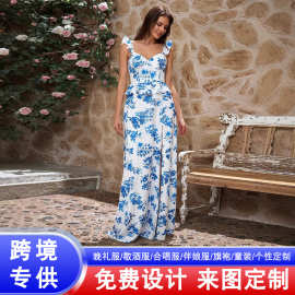 欧美吊带收腰碎花连衣裙女跨境新款夏季沙滩度假舞会女装晚礼服裙