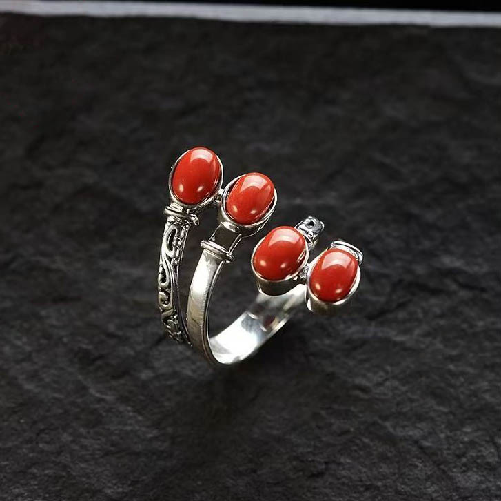 Retro Red Turquoise Women's Fashionable Temperament Exaggerated Personality Open Adjustable Index Finger Ring Ethnic Style Ring