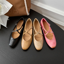 真皮單鞋交叉瑪麗珍鞋女復古淺口鞋2025春季新品氣質低幫平跟女鞋