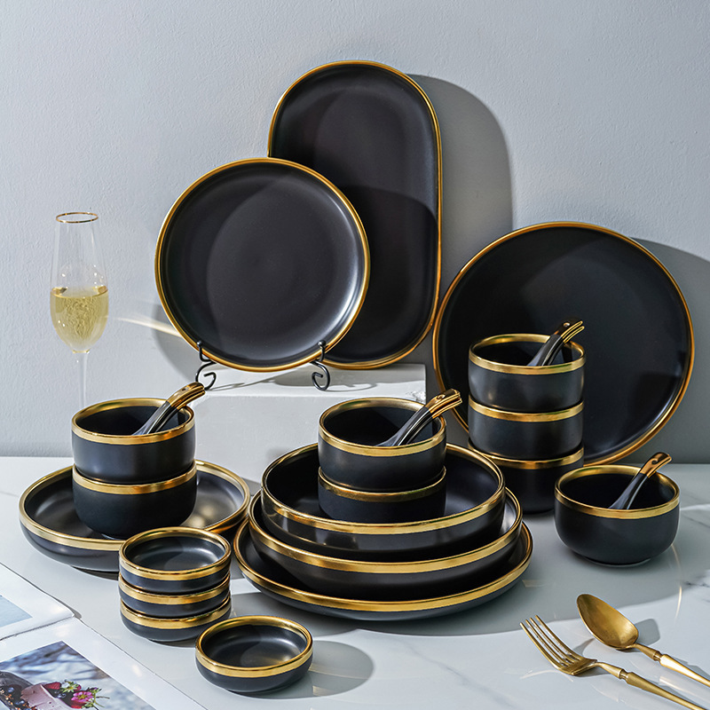 Nordic Scrubbed Black Tableware Bowl and Dish Set Bowl and Dish Household Internet Trending High Color Value Plate Bowl and Chopsticks Set Combination Nordic Scrubbed Black Tableware Bowl and Dish Set Bowl and Dish Household Internet Trending High Color Value Plate Bowl and Chopsticks Set Combination