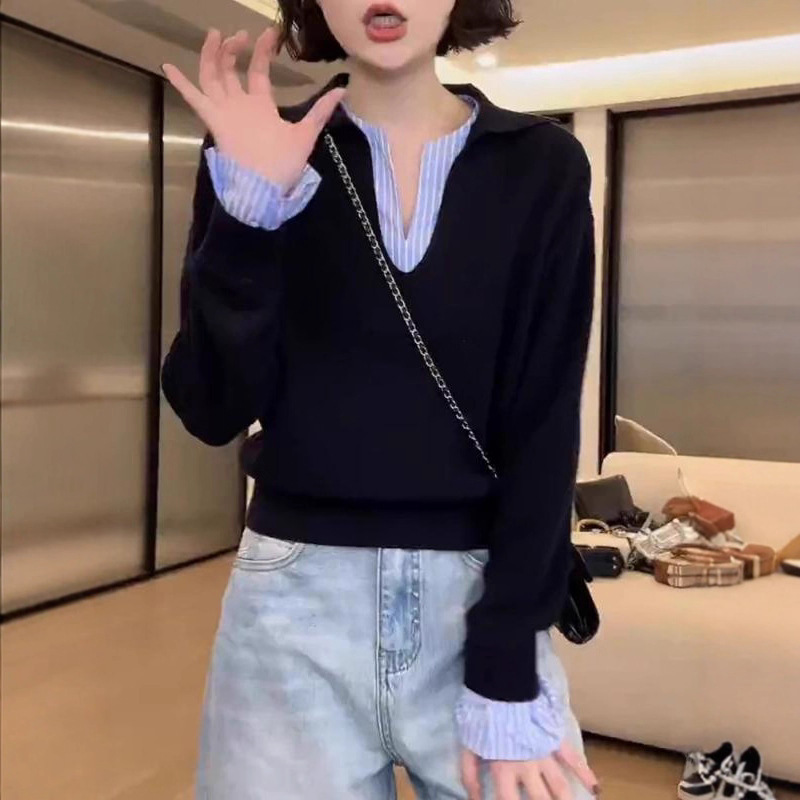 假两件撞色拼接条纹针织衫女大码早秋新款设计感宽松V领长袖上衣|undefined