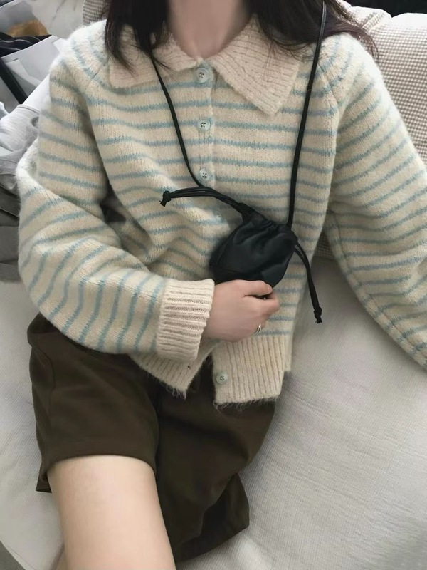 韩系减龄条纹翻领毛衣外套女宽松春秋冬加厚短款软糯针织开衫外穿|undefined