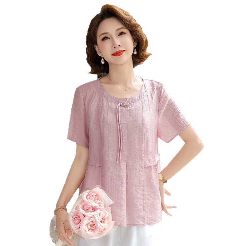 Летняя футболка для мам среднего возраста, рубашка 2025, новый стиль, однотонная рубашка для женщин среднего и пожилого возраста, топ, костюм
