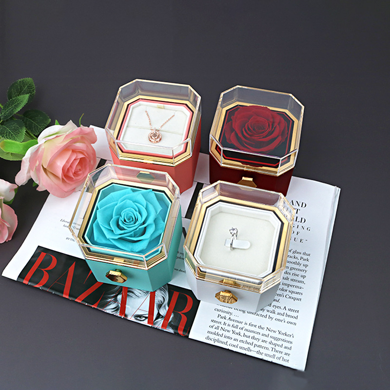 现款八角旋转永生花首饰盒高级感玫瑰花项链包装盒情人节礼盒现货