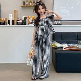 女童夏季网红格子套装2026新款儿童韩版薄款阔腿裤小女孩时髦夏装