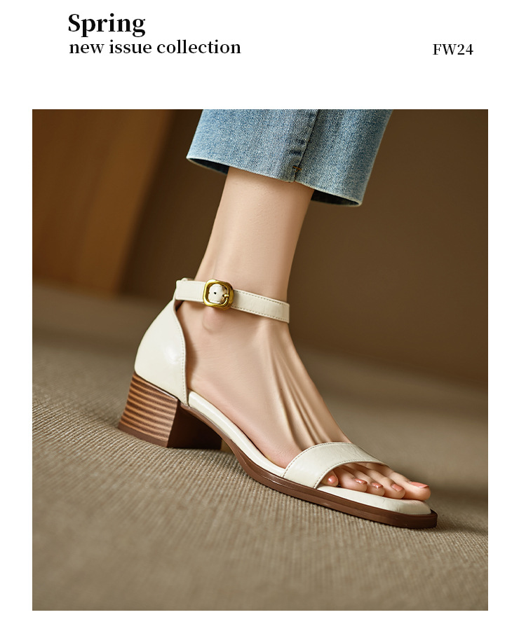 Sandal quai ngang nữ gót thô da thật kiểu Pháp, đế mềm hở ngón — Màu đen, Màu trắng be chi tiết 10