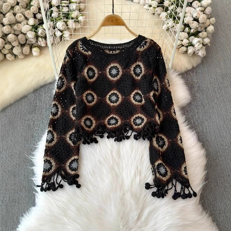 Vintage Ethnic Style Round Neck Tassel Crochet Hollow Horn Sleeve Short Set Knit Blouse Women's Casual Top
