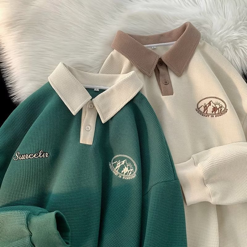 American Retro Polo Collar Sweatshirt Men's Right Shoulder Loose Ins Trendy Brand Design Niche Spring & Fall Half-Zip Jacket