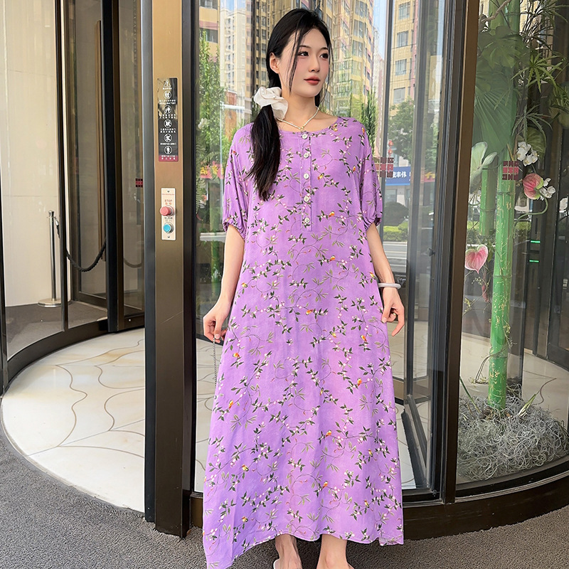 人工綿ドレス夏の女性の 2025 新しい気質ルーズレイジースタイルスリム薄い綿シルク花柄ロングスカート|undefined