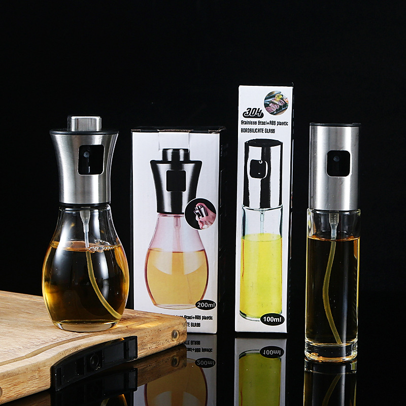 304 de acero inoxidable olla de spray de aceite creativo tipo de prensa botella de spray de aceite de cocina botella de aceite de vidrio barbacoa spray condimento botella de aceite