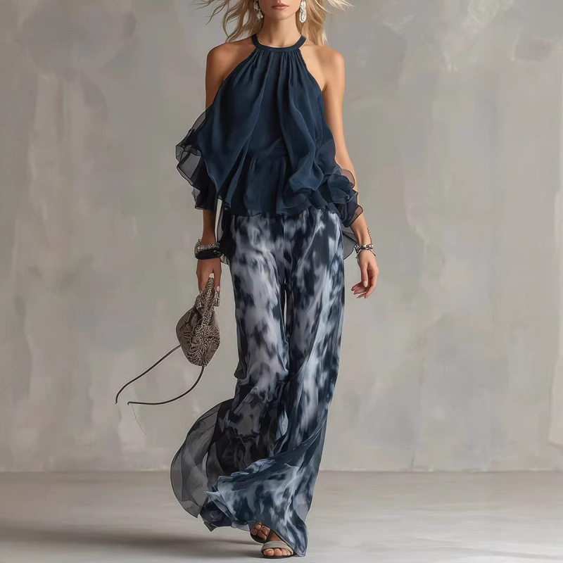 Independent Site Amazon 2026 Summer New Sleeveless Halter Top and Printed Wide-Leg Pants Chiffon Set Independent Site Amazon 2026 Summer New Sleeveless Halter Top and Printed Wide-Leg Pants Chiffon Set