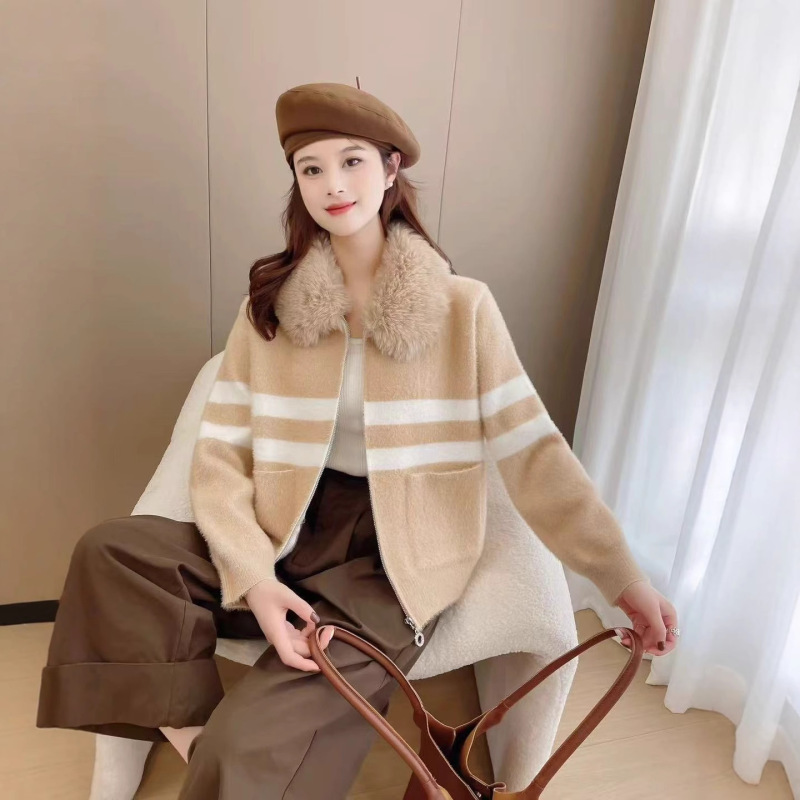 秋冬时尚撞色条纹棒球领拉链开衫毛衣女时尚通勤长袖针织衫外套|undefined
