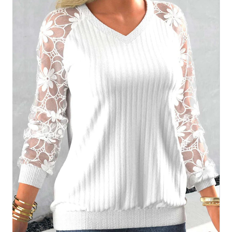 Women's Clothing 2024 autumn and winter new solid color lace transparent long sleeved sweater_voghion.com
