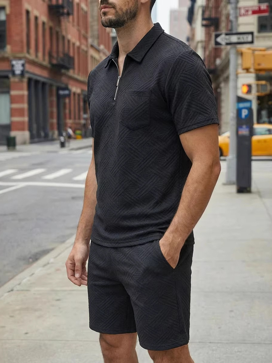 Zweiteiliges Herren-Set aus Waffelstrick, einfarbig, Sommer, Kurzarm, Shorts mit Tasche und Jacquard-Kragen._voghion.com