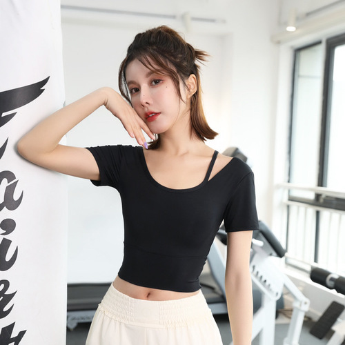 Yoga short-sleeved top with chest pad  new Korean version leaking belly button sweat-absorbent quick-drying sports fitness slimming T-shirt