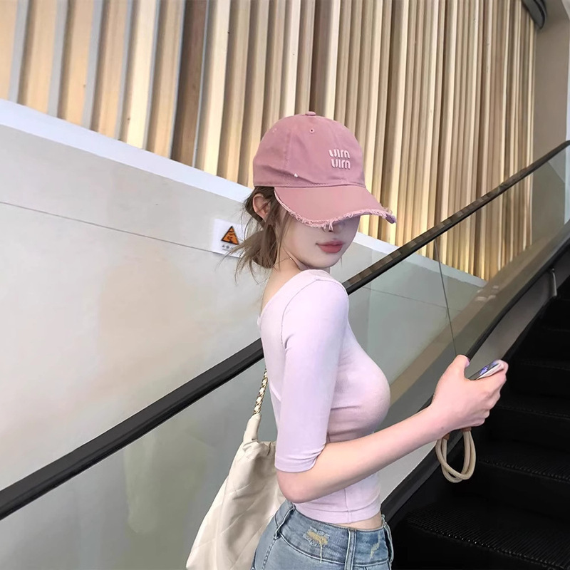 Pastel Purple Beauty Design Mid-Sleeve U-Neck T-Shirt Women's Bottoming Shirt with Slim Sexy Sexy Top