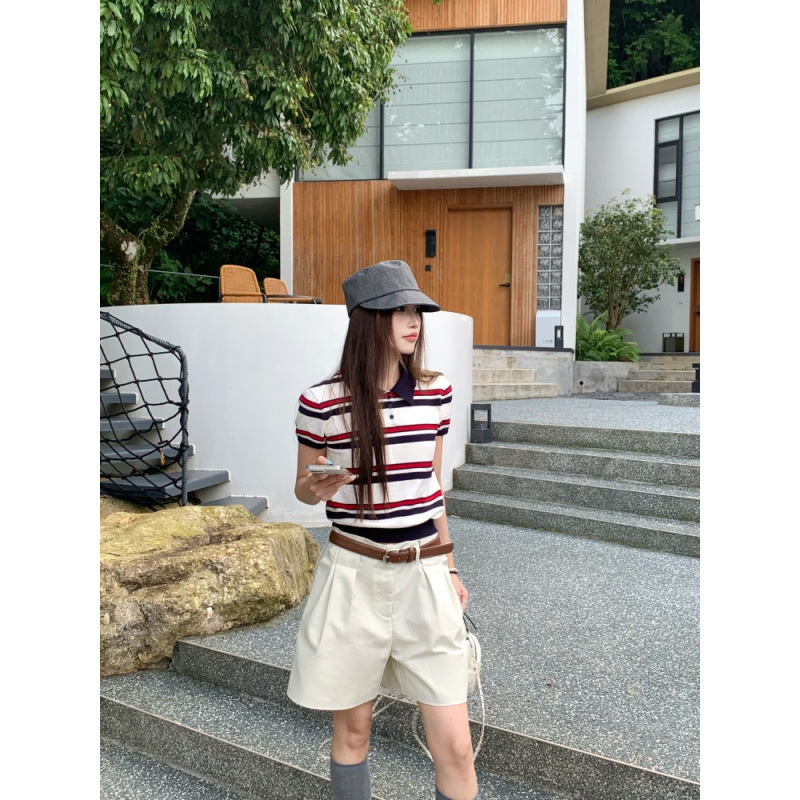 Summer Dongdaemun Korean-Style College Retro Color-Block Striped Polo Collar Short-Sleeve T-Shirt Golf Outfit Top