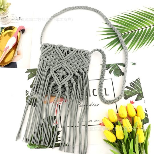 New Cotton Rope Tassel Hand Bag Diagonal Woven Bag Casual Women's Bag Single Shoulder Forest Straw Bag Beach Bag