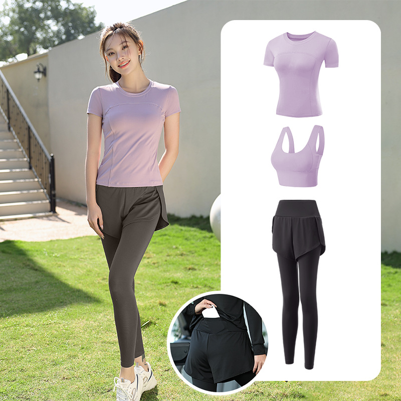 Trajes de yoga para mujeres de verano para correr ropa deportiva suelta rápida ropa seca bolsillo para correr trajes de mujeres de la mañana para correr comercio exterior