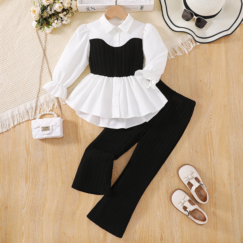 Foreign Trade Girls' Suit Lace Knitted Vest Splicing Shirt Small Fragrant Long-Sleeved Top Knitted Pants Children's Two-Piece Set