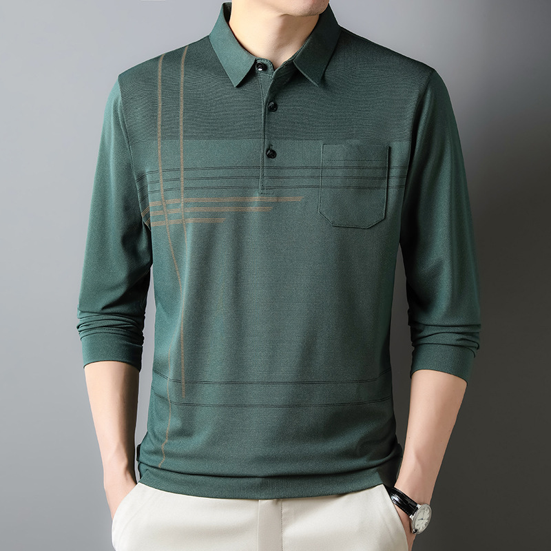 Otoño camisa de fondo superior delgada de manga larga para hombres jóvenes y de mediana edad solapa bolsillo real camiseta casual papá hombres