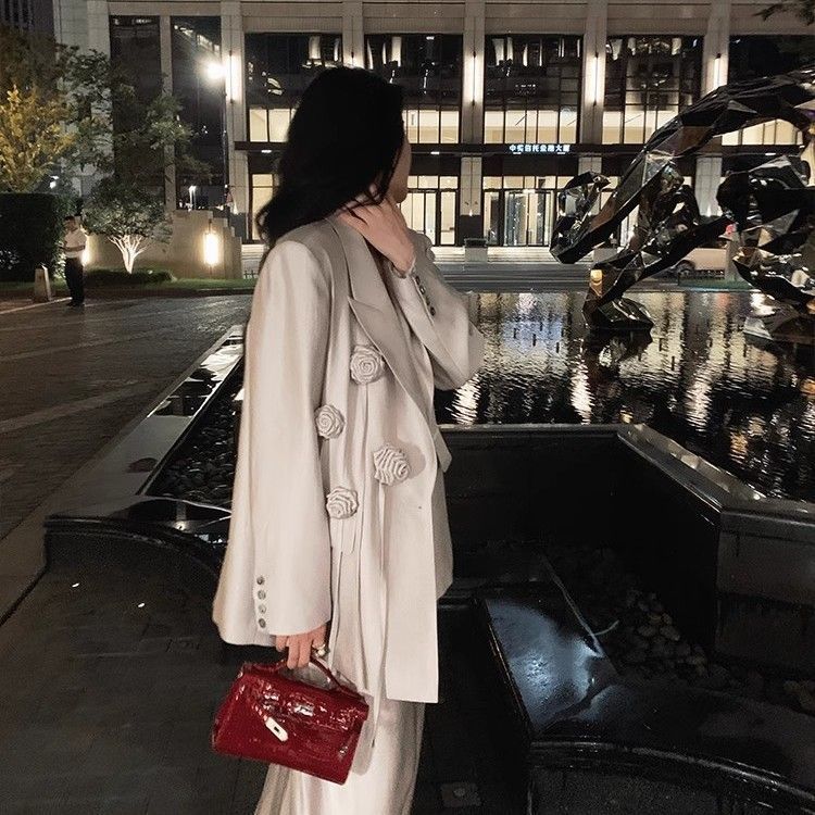 感缎面西装外套女2025春秋休闲宽松西服v领镂空吊带裙两件套爆款|undefined