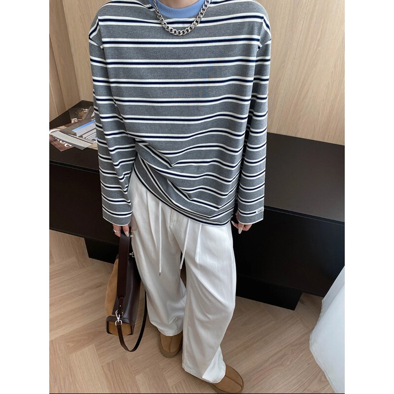 Sinan Striped Enthusiast's Favorite American Retro Color-Block Striped Crew Neck Loose Slimming Long Sleeve T-Shirt Sn8140