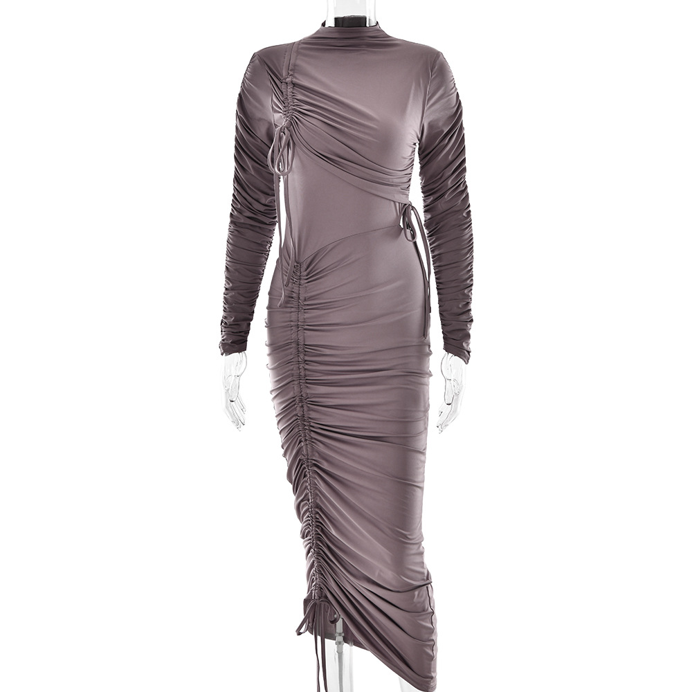 Women's New Sexy Long Sleeve Ruched Drawstring Tie‑Up Bodycon Maxi Dress_ecoleips.com