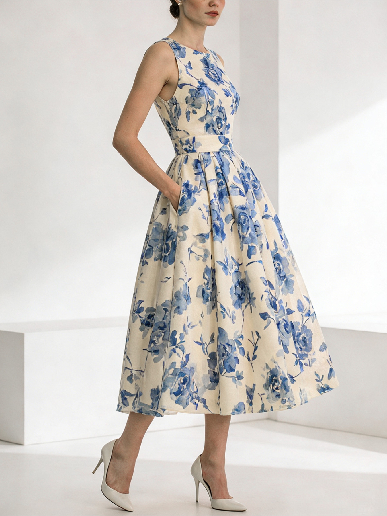 Retro elegant blue and white dress