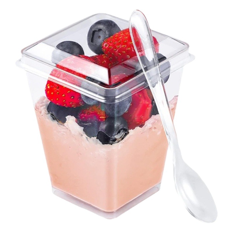 Vasos desechables transparentes para postres con tapa y cuchara, para gelatina y mousse