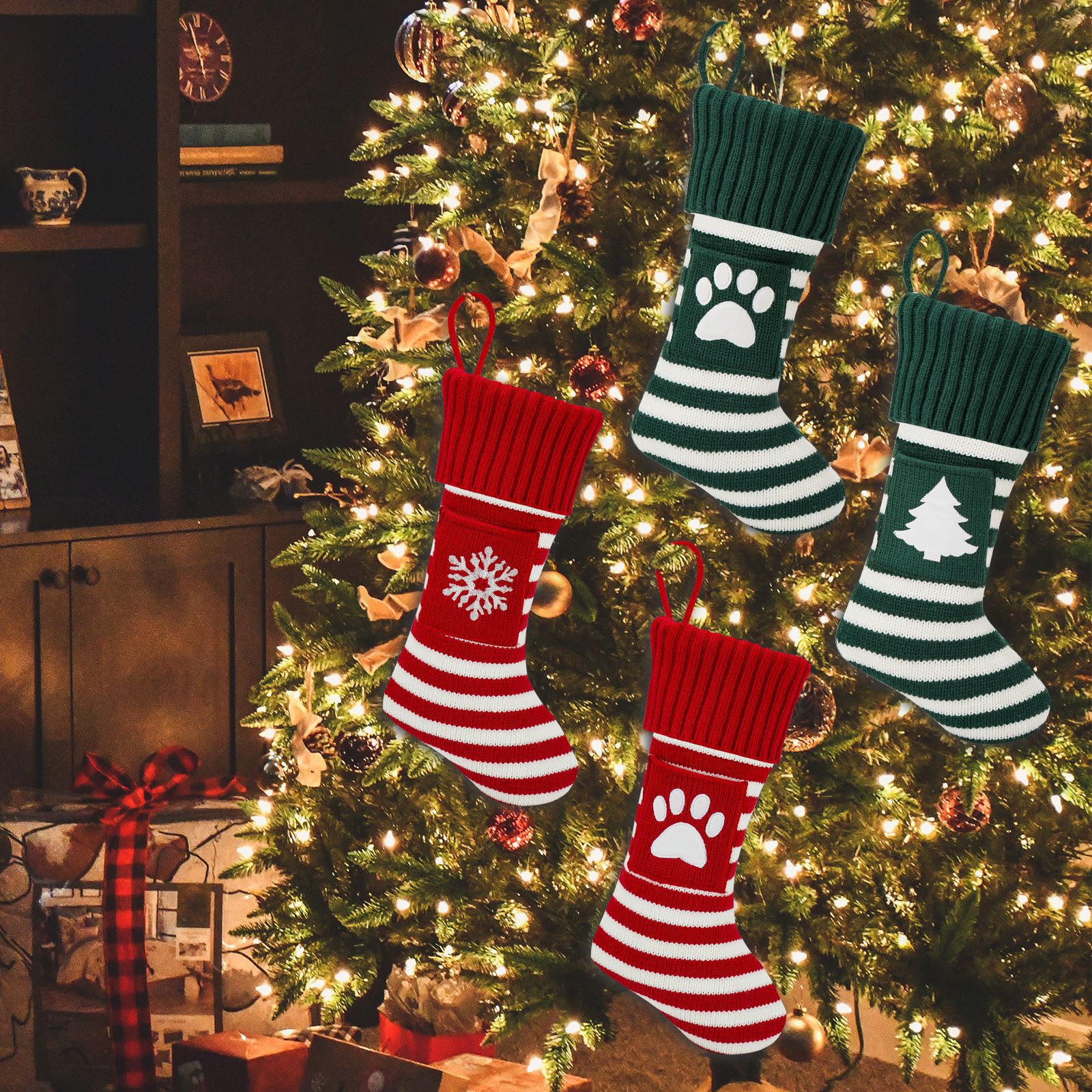 Amazon popular calcetines de punto de Navidad gato perro copo de nieve calcetines bolsa de regalo de Navidad decoraciones de Navidad