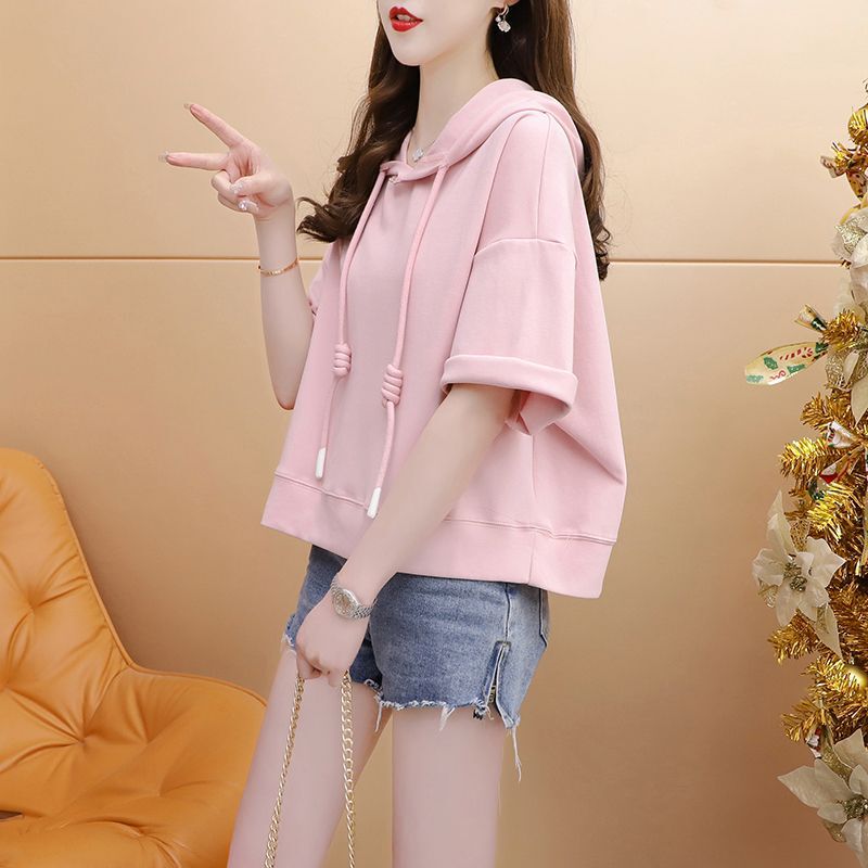 plus size Loose Casual All-match Short-sleeved T-shirt Women's 2025 Summer New Fashionable Sweatshirt Hooded Top Trendy