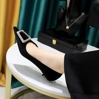237-K39 Style Banquet Women's Shoes with Thin Heels, Medium Heels, Thickened Suede, Shallow Mouth, Pointed Metal Water Diamond Button Single Shoes