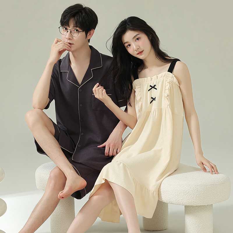 Verano pareja pijamas puro algodón waffle Sling traje camisón de las mujeres casual simple desgaste del hogar los hombres se puede usar fuera