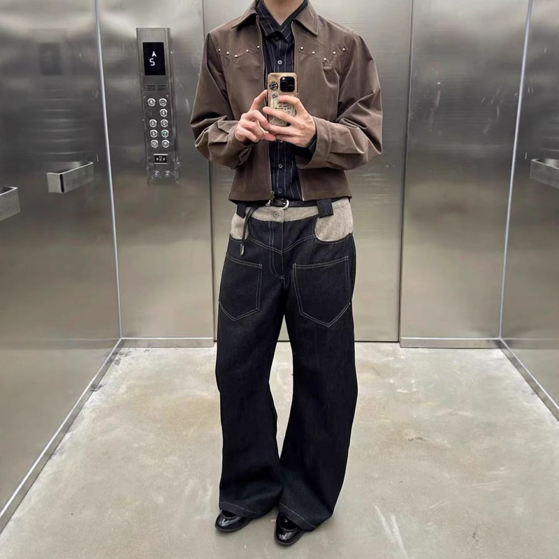 Japanese and Korean Style "Scarf" Flared Patchwork Curved Silhouette Straight Loose-Fitting Japanese Okayama Raw Denim Jeans