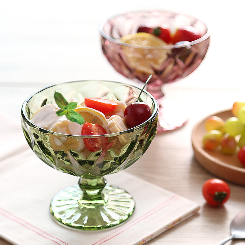 Factory direct European retro ice cream cup embossed salad bowl Creative colored glass bowl household milkshake cup