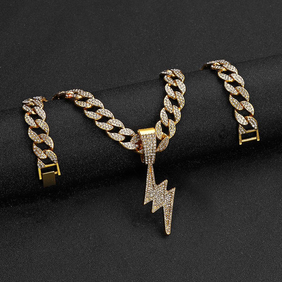 Alloy Material Lightning Pattern Hip-Hop Lightning Alloy Inlay Rhinestones Unisex Pendant Necklace Necklace Pendant Men Pendant Necklaces