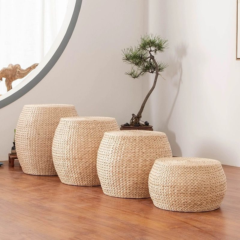 Muelle de tejido de paja de ratán de estilo japonés, taburete para zapatos, taburete redondo de tatami, sofá de sala de estar para el hogar, taburete bajo, banco, madera pequeña antideslizante