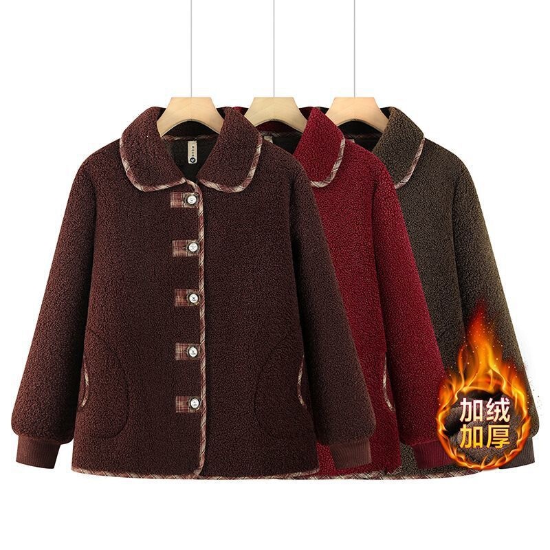 Mom's fleece-lined, warm, fashionable, and thickened cotton jacket for middle-aged and elderly women, available in wine red, purple red, and coffee colors